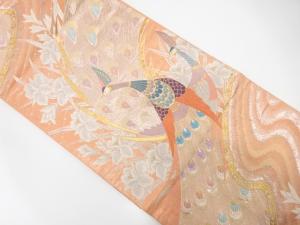 孔雀に花模様織り出し　袋帯